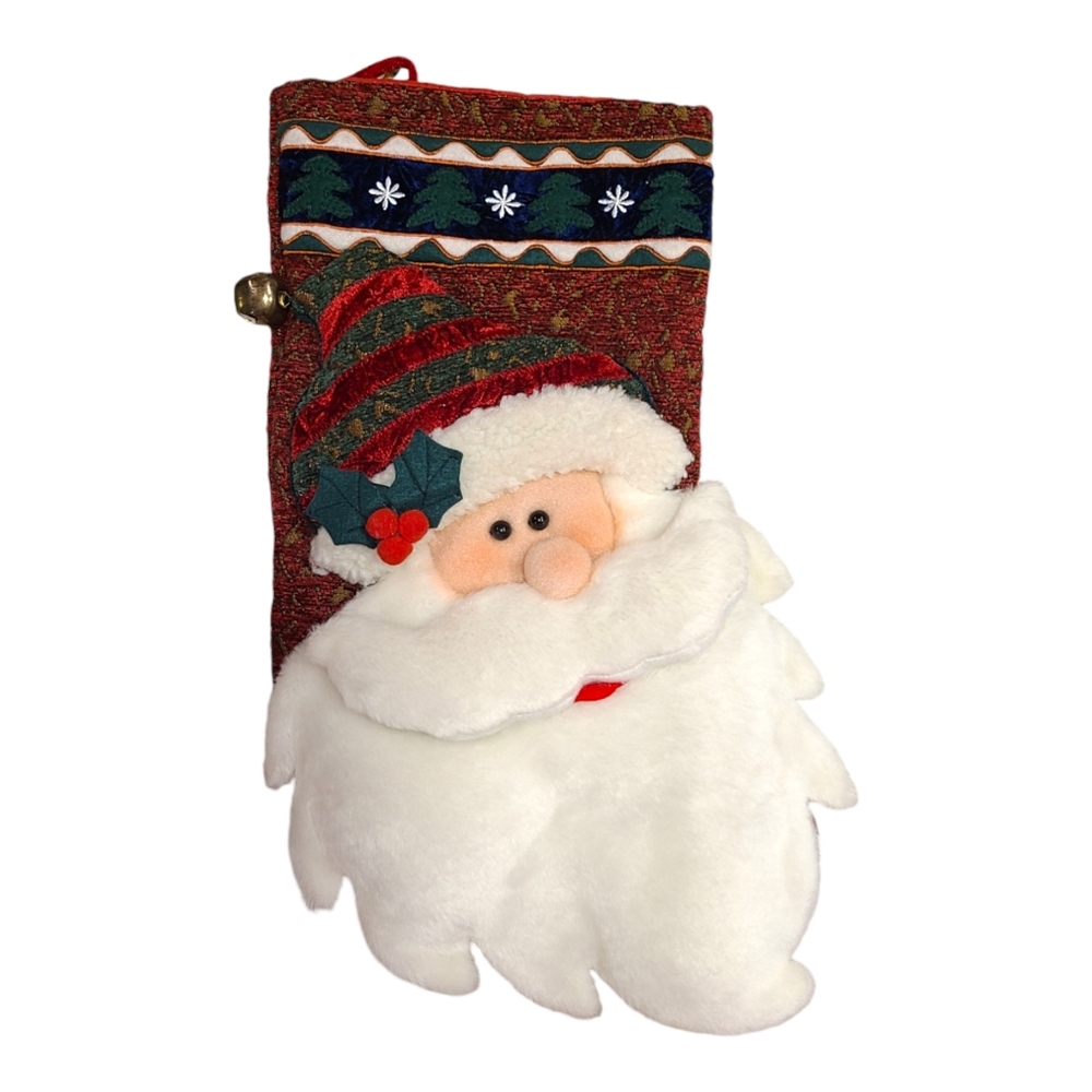 Christmas Stocking 3D Santa Plush Beard Lined Sleigh Bell QUALITY